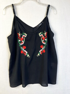 Tecrew Embroidered Camisole Top Women Large Black Feminine Boho Floral Night Out